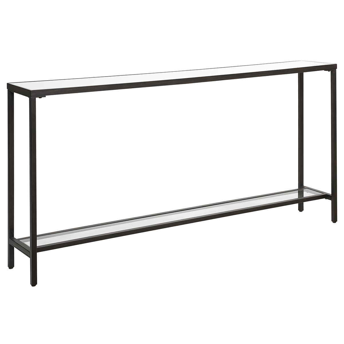 Angled thin black console table.