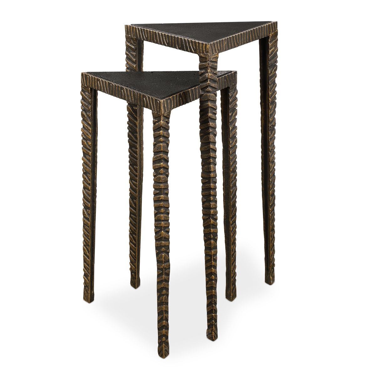 Set of two woven side tables with black tops on a white background