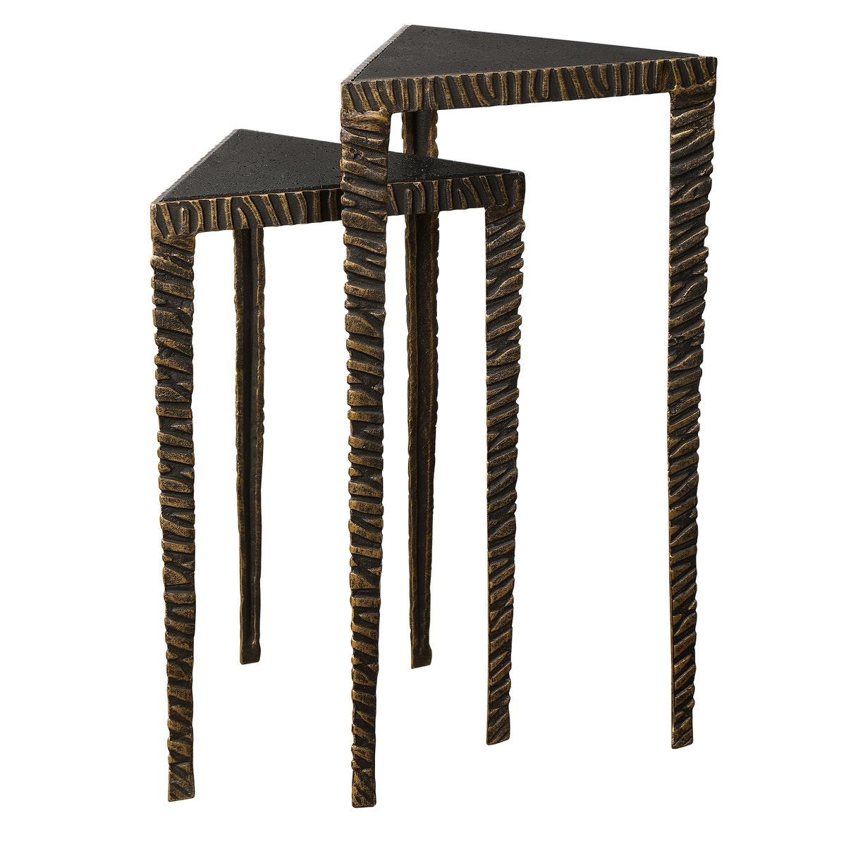 Set of two decorative side tables with wavy leg design on a white background
