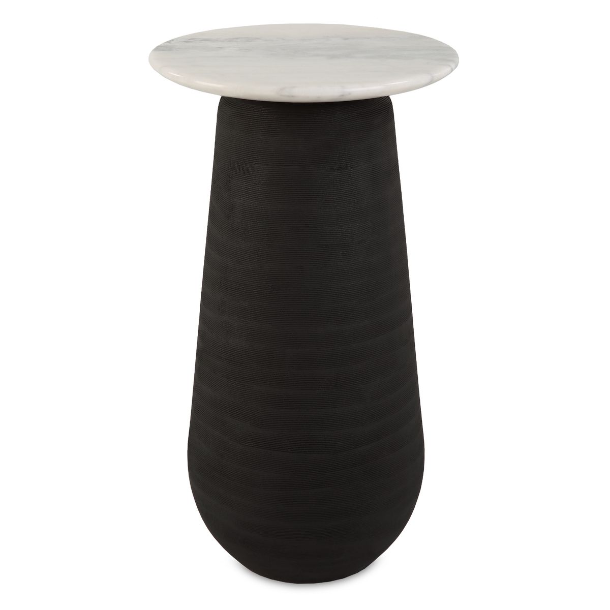 Side table with white marble top and black textured base on a white background