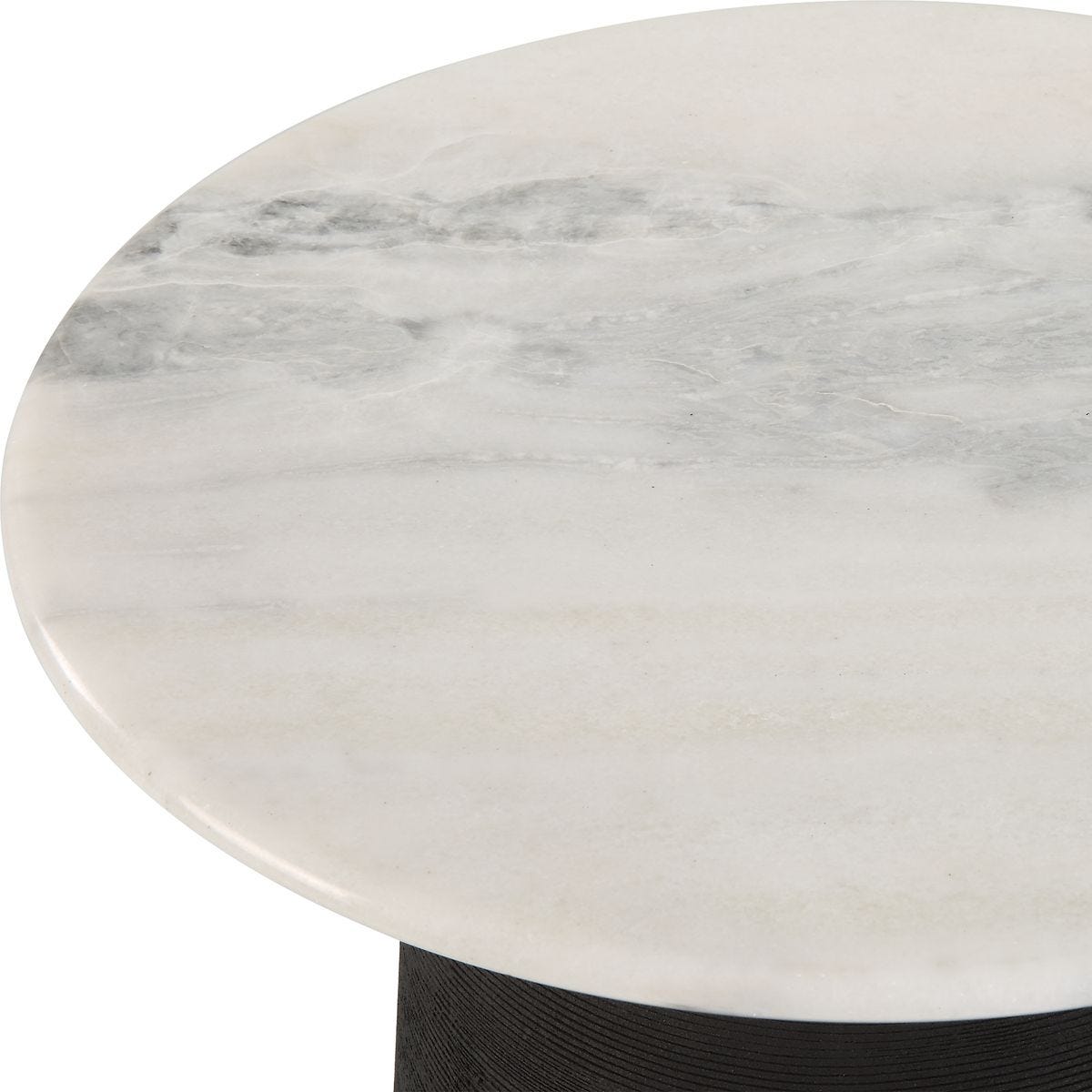 Round marble table with a white and gray marble surface on a white background