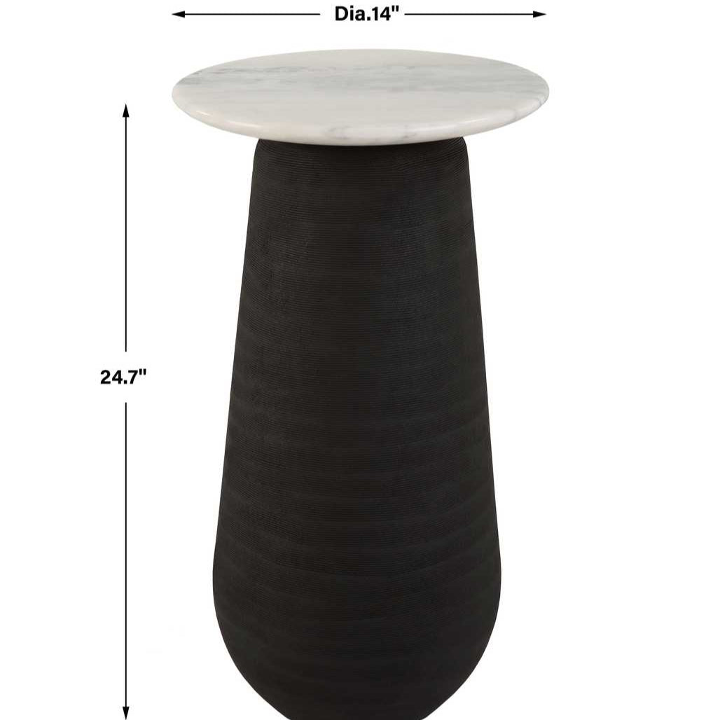 Black textured side table with white round top and dimensions indicated