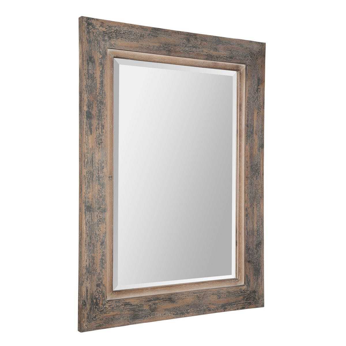 Rectangular mirror with a rustic wooden frame on a white background