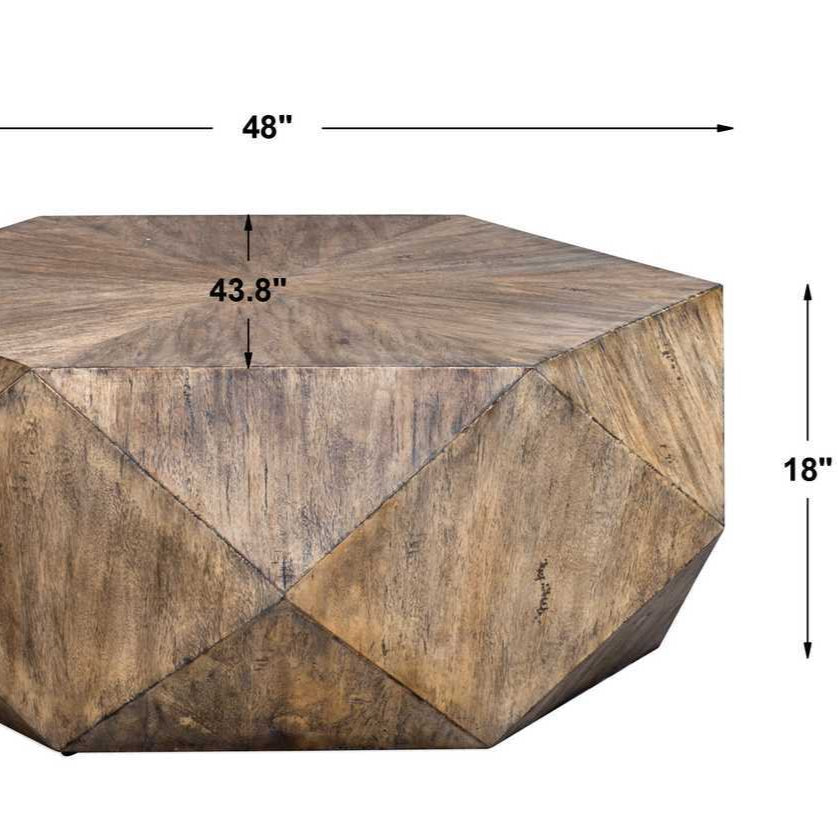 Geometric wooden table with dimensions on a white background