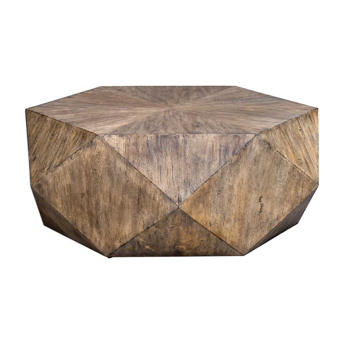 Geometric wooden coffee table on a white background