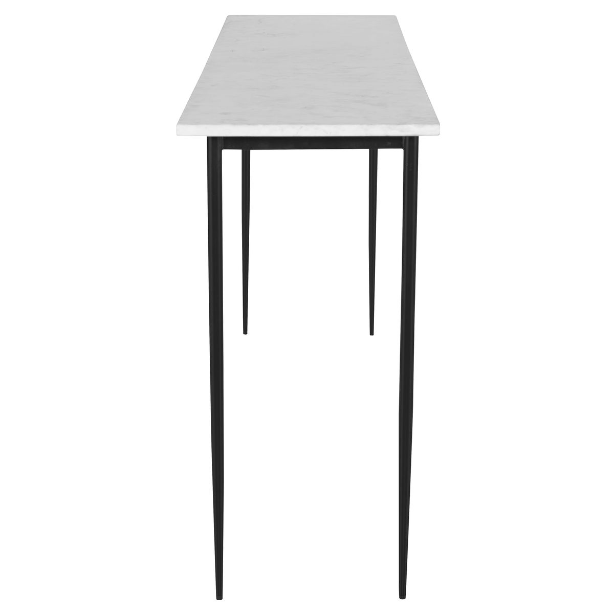 Tall narrow table with white marble top and black legs on a white background