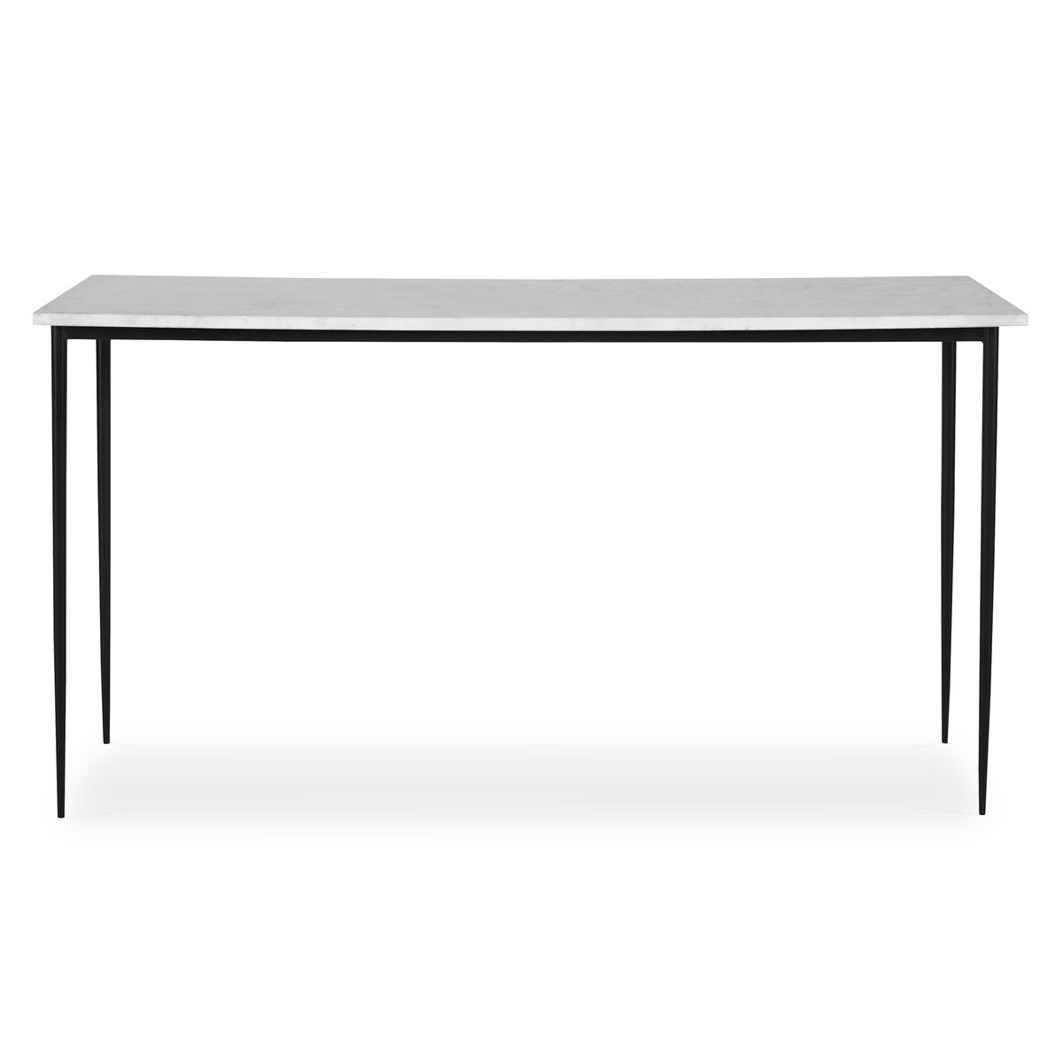 Rectangular table with a white top and black legs on a white background