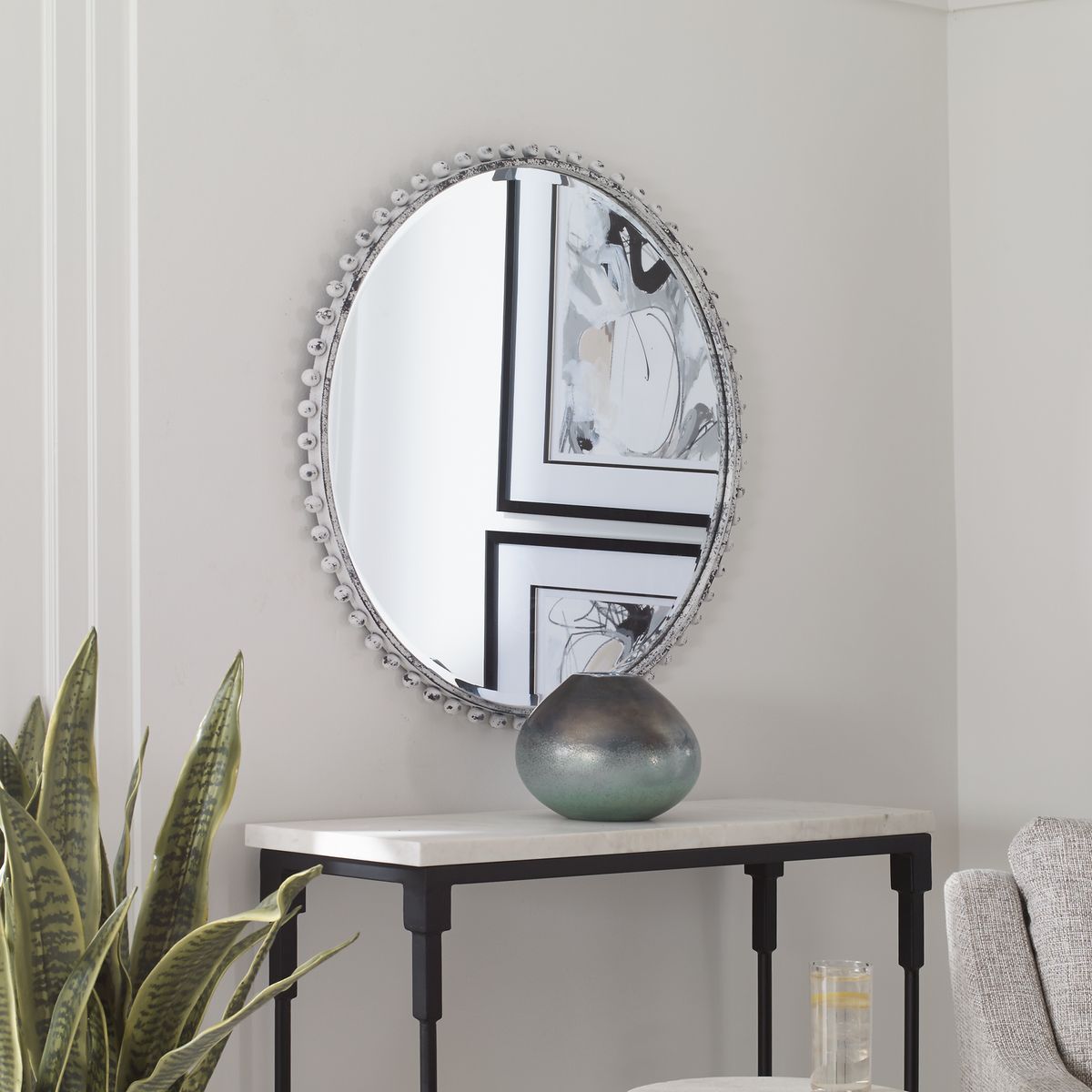 White Metal Round Mirror.