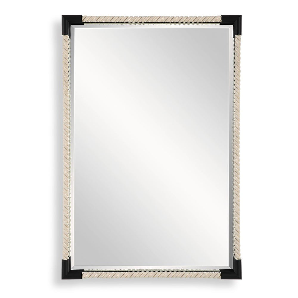 Nautical Mirror with White Rope frame and black corners on white background.