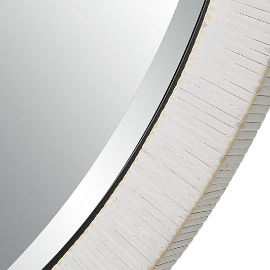 Round White Rattan Mirror.