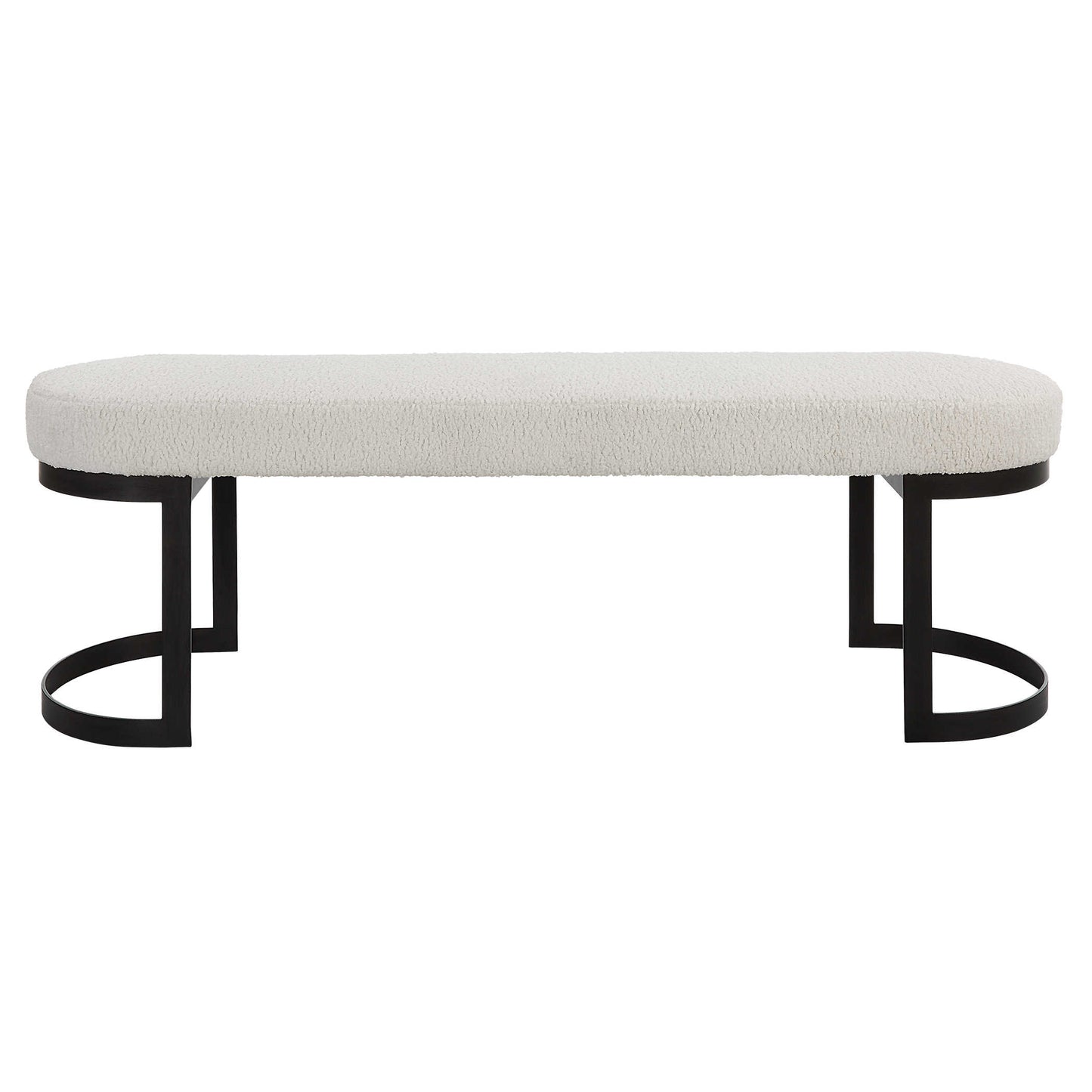 White bench with boucle and black metal base.