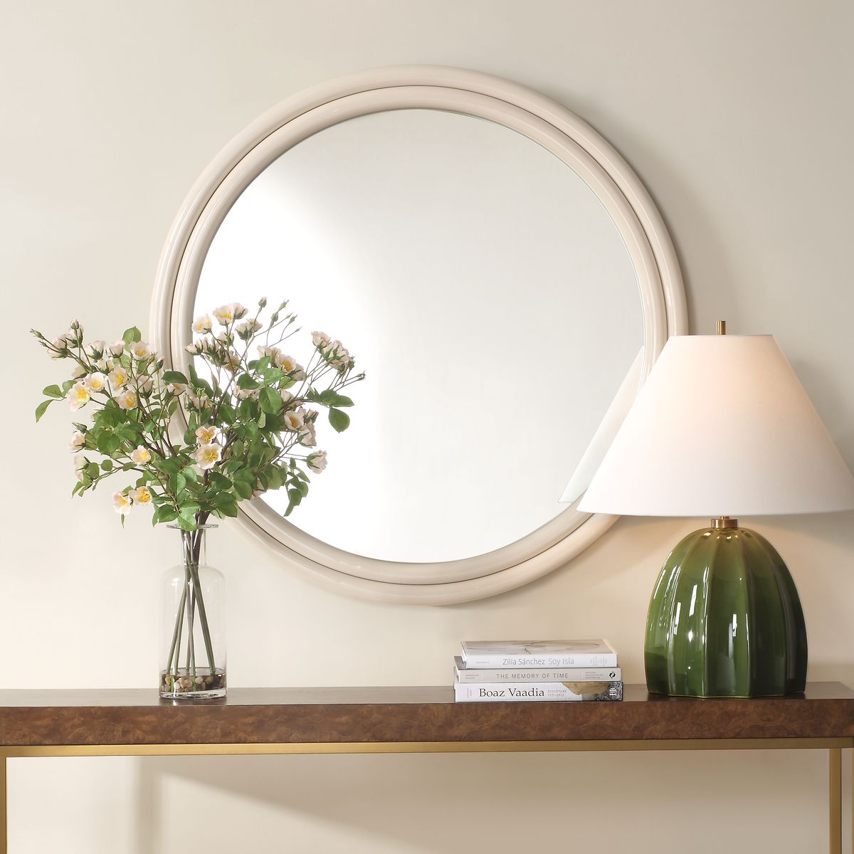 White Round Metal Entryway Mirror.