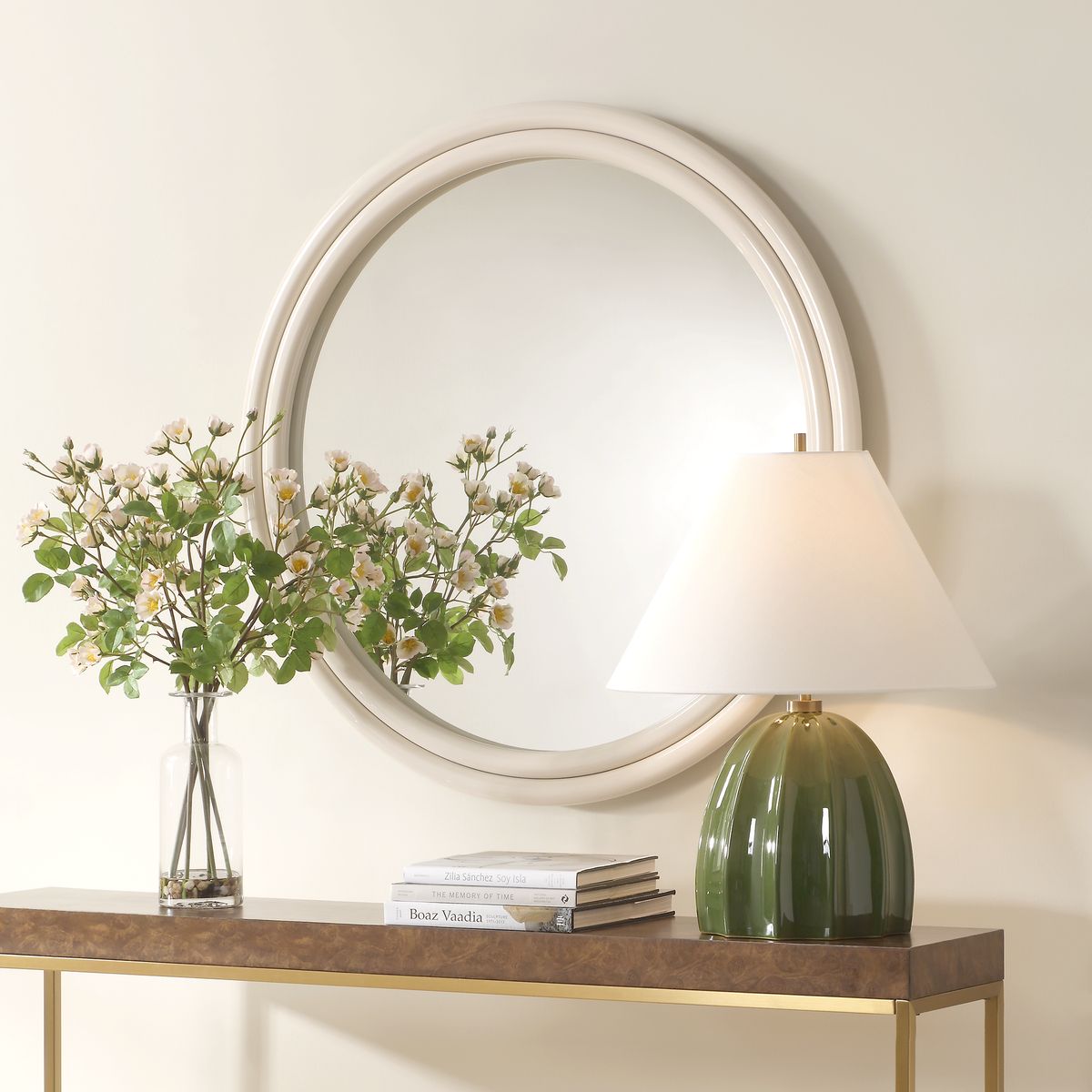 White Round Metal Bedroom Mirror.