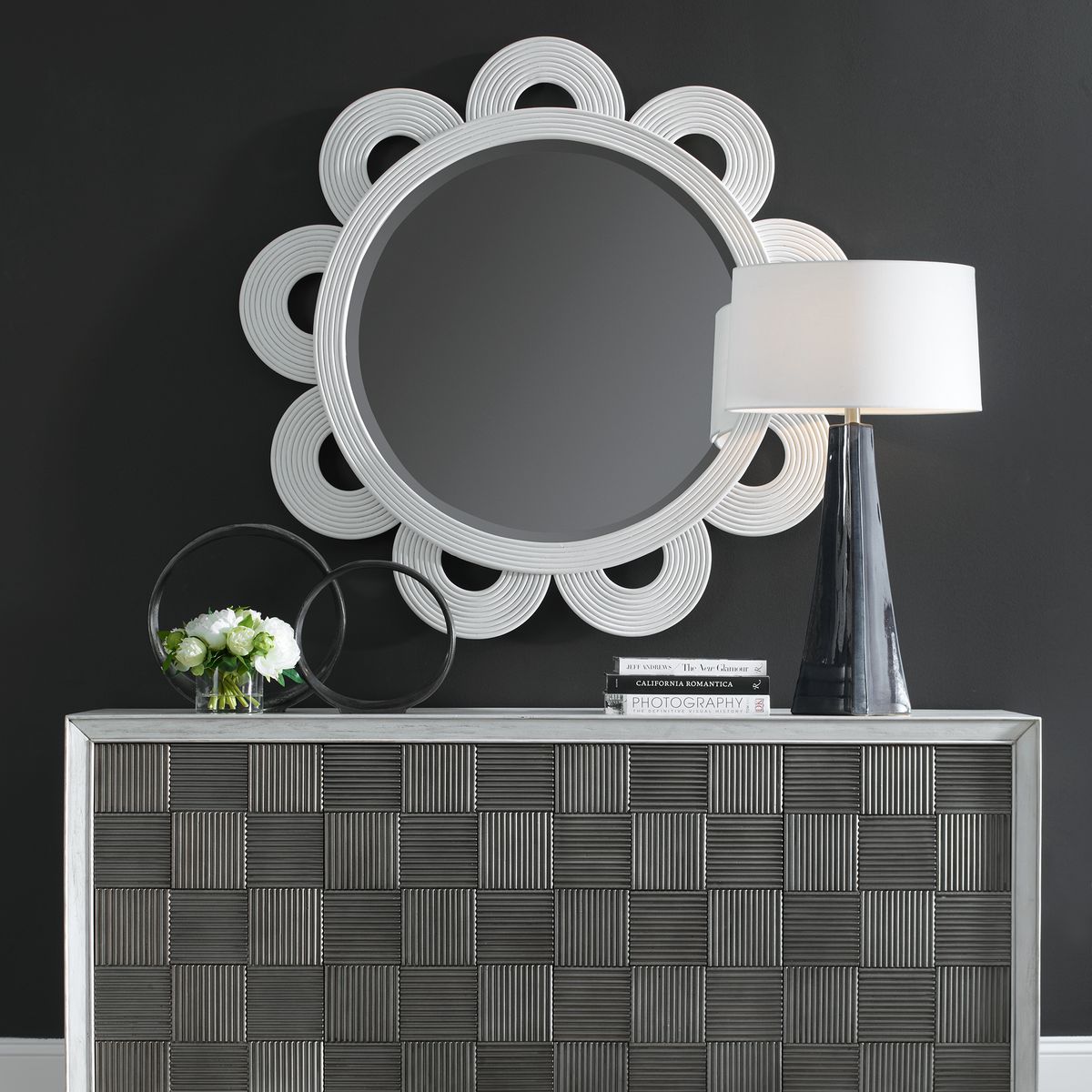 White Rattan Round Mirror