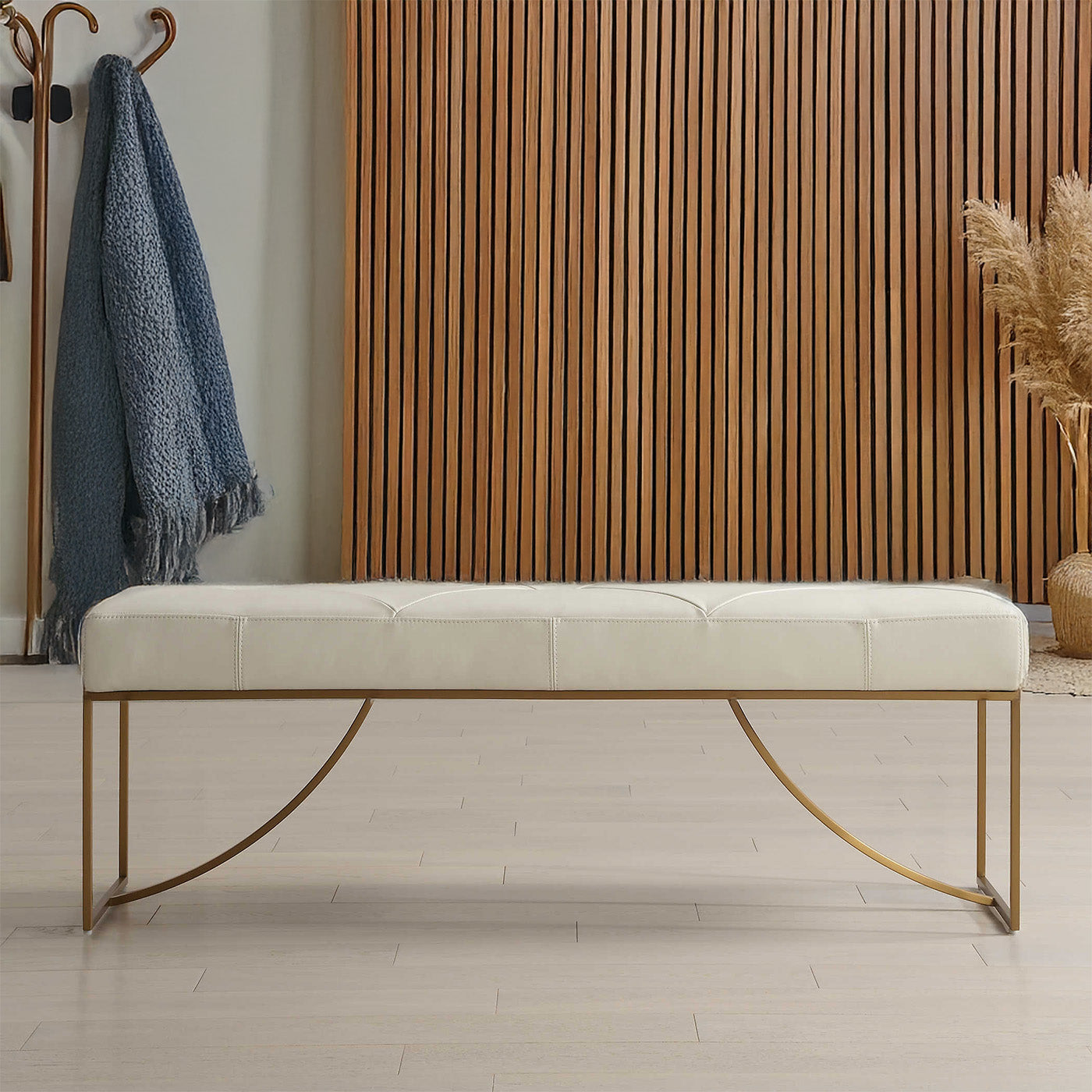 Upholstered White Bench Leather Seating with Gold Accents for Entry