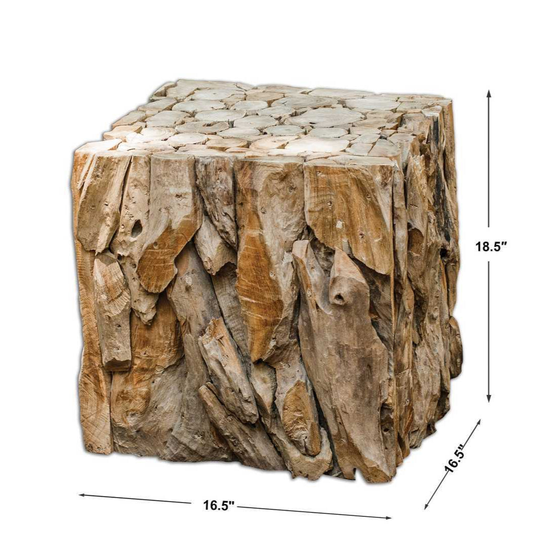 Wooden side table with natural finish and dimensions on a white background