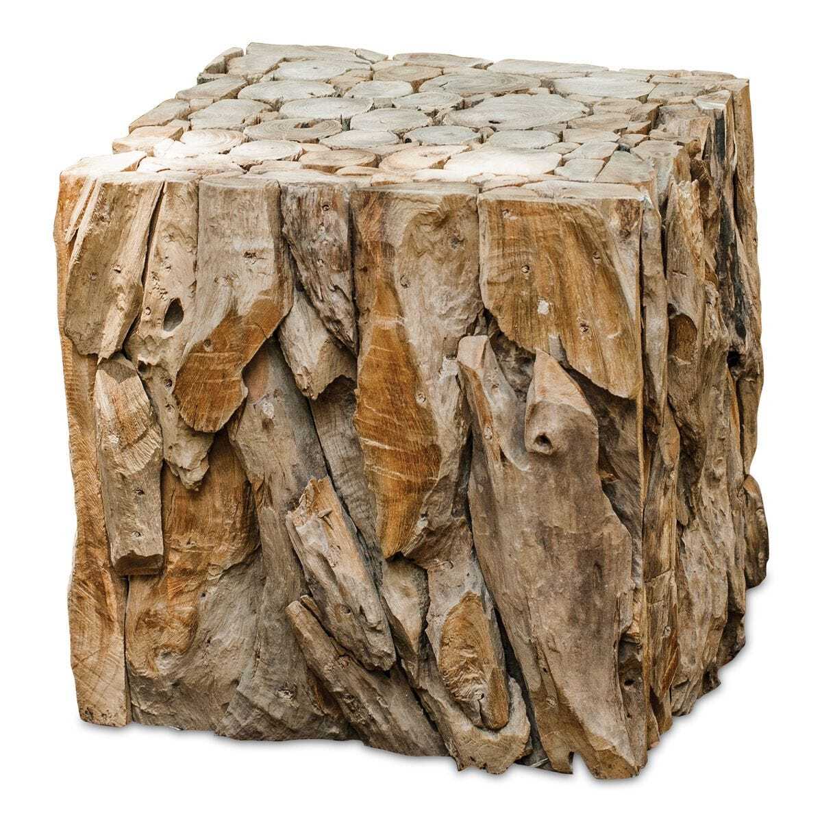 Wooden cube with natural, driftwood-like texture on a white background
