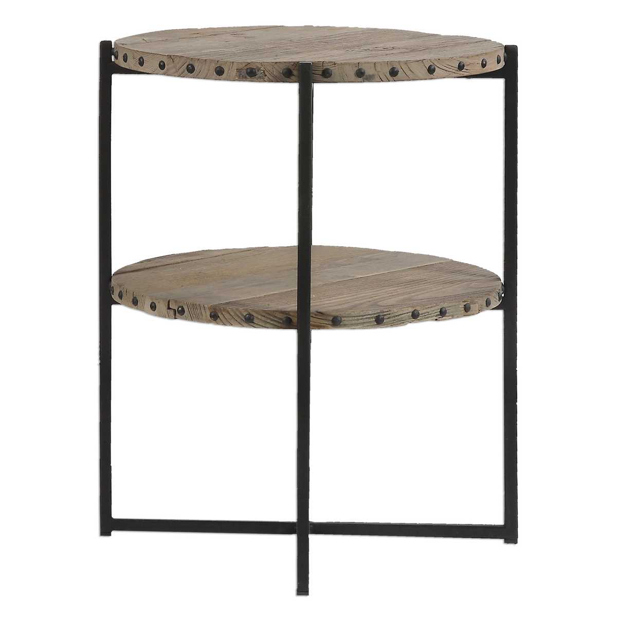 Corner table with wooden top and metal frame on a white background