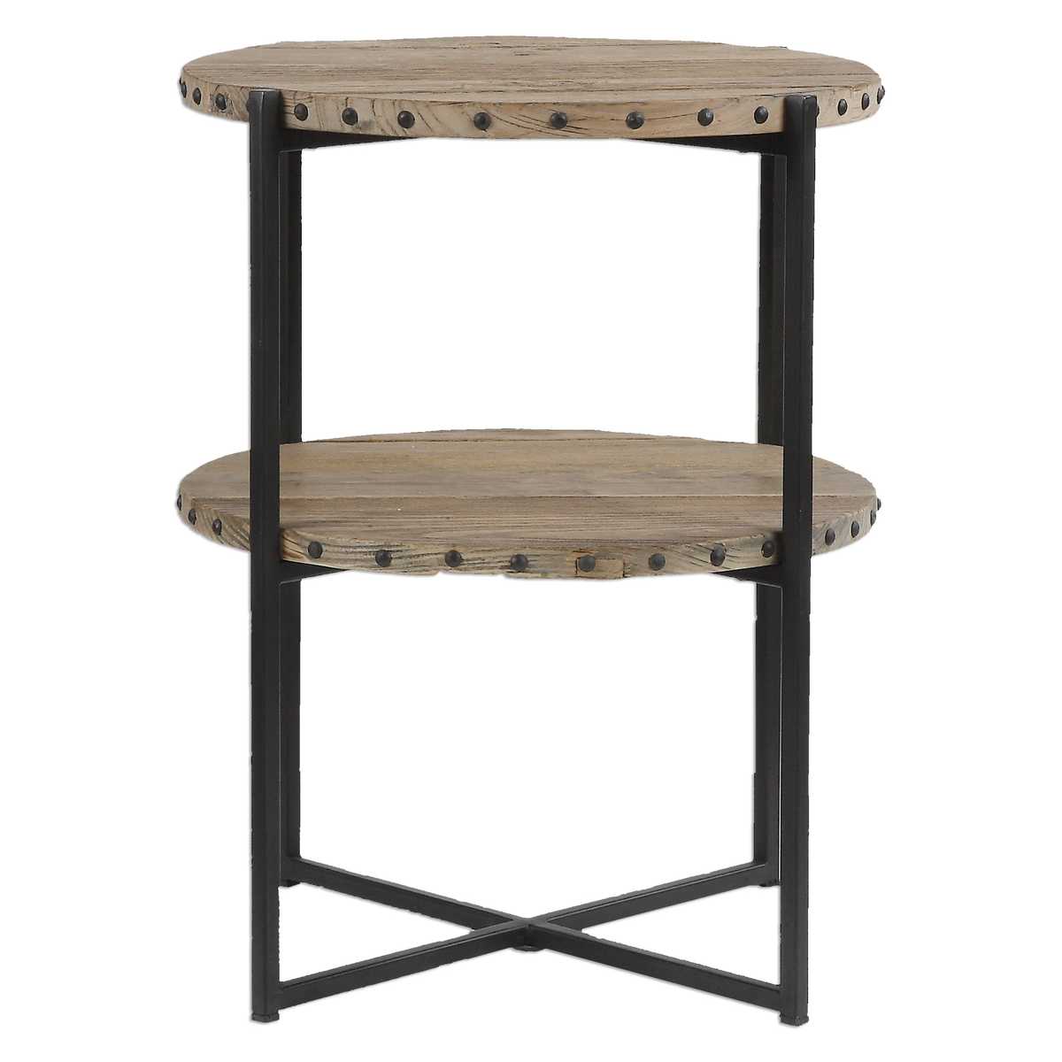 Two-tiered round side table with wooden top and black metal frame on a white background
