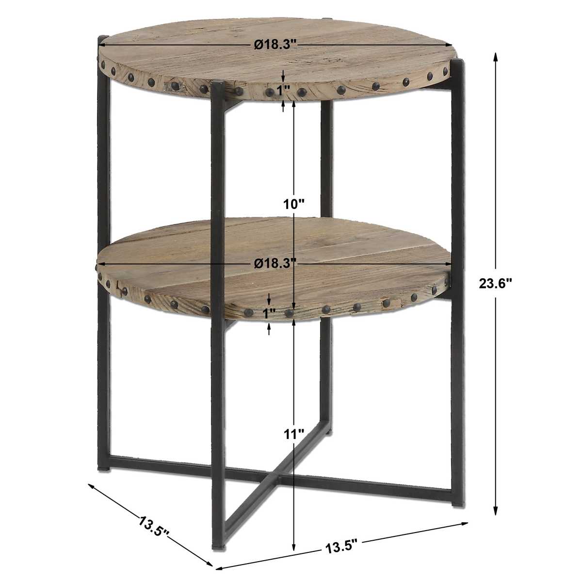 Corner table with wooden top and metal frame, shown with dimensions on a white background