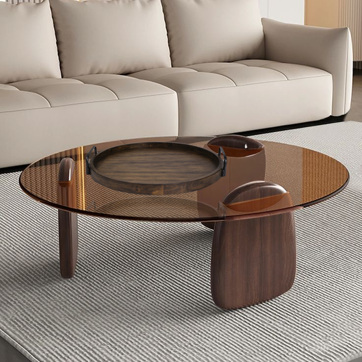 Wood Coffee Table Round Tray on Glass table and white sofa.