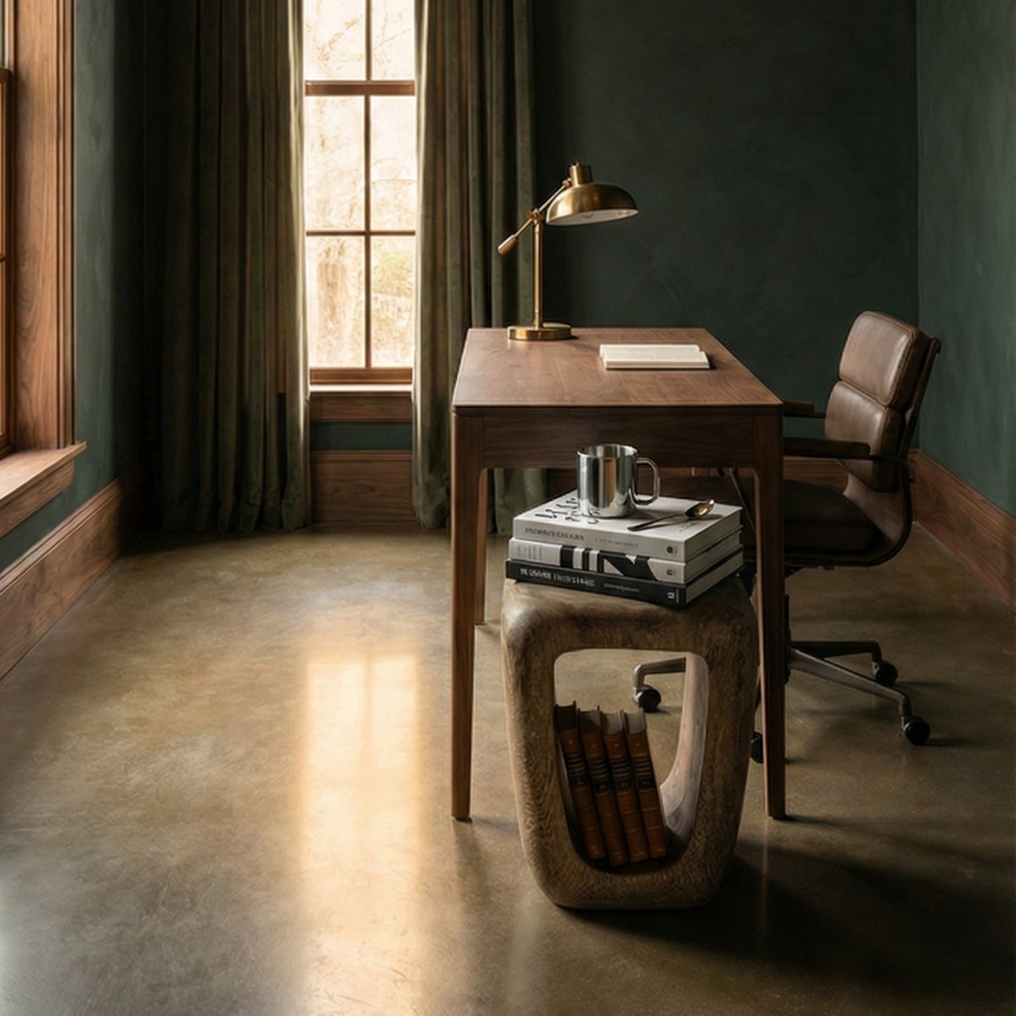 Modern office with a chandelier, desk, and chair in a dimly lit room.