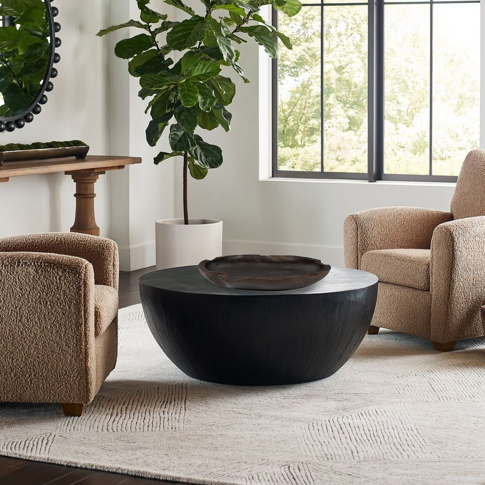 Dark wood tray on a coffee table.
