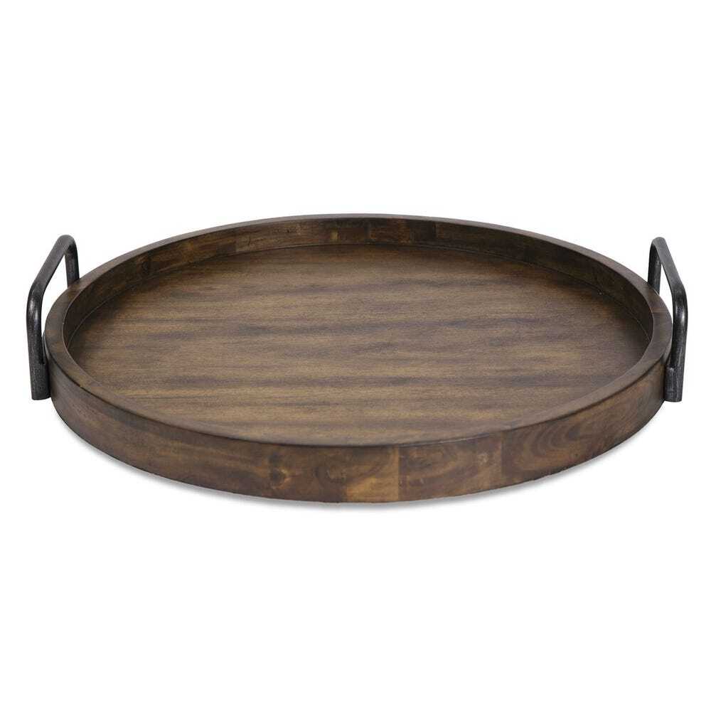 Wooden tray with metal handles on a white background