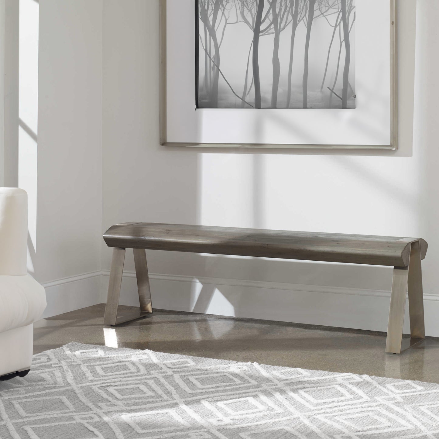 Wooden entryway bench perfect for a bright airy room.