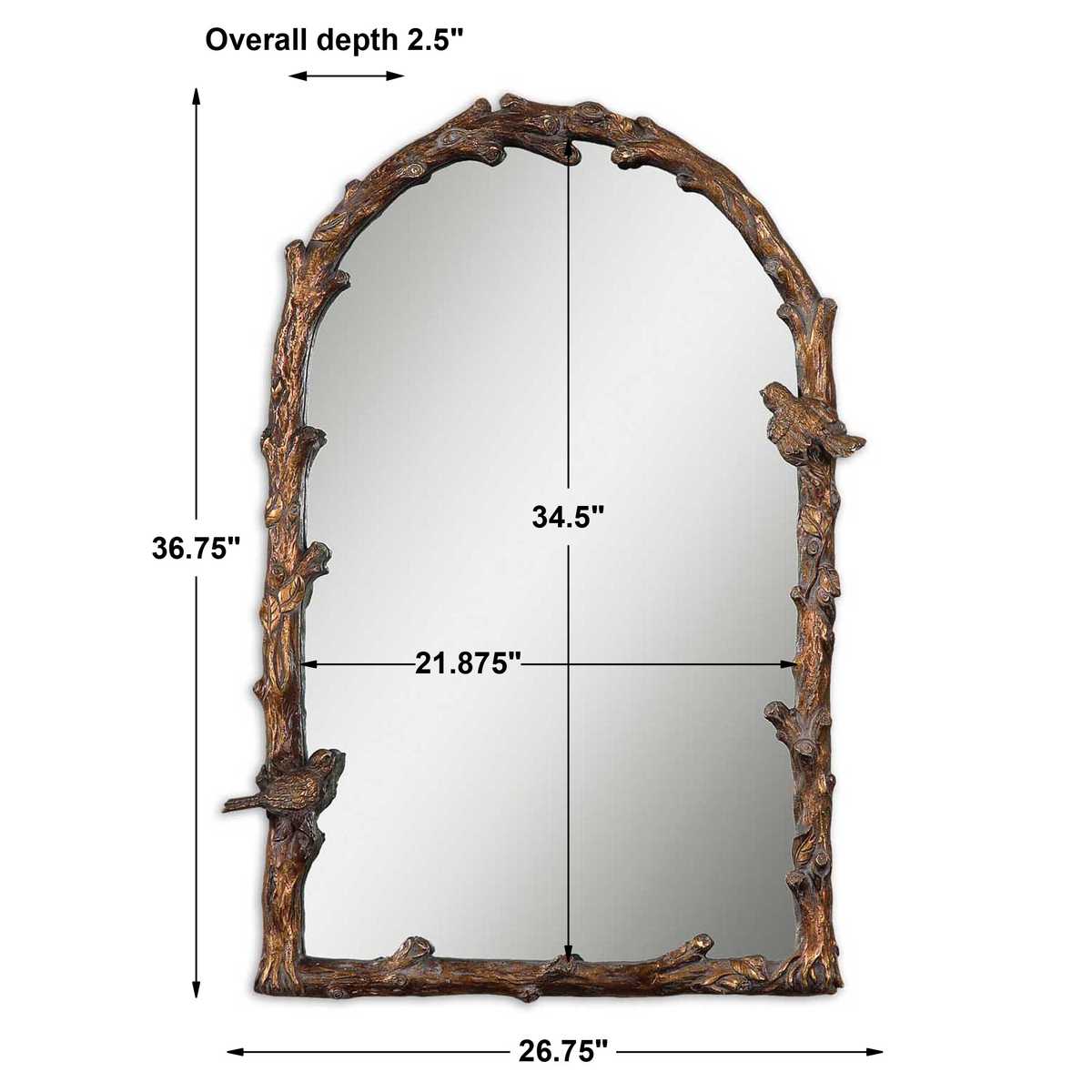 Decorative mirror with rustic frame and dimensions on a white background
