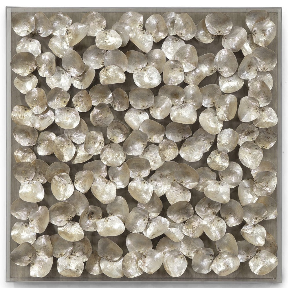 Oyster shells mounted and framed on acrylic framed board creates dimensional and textured art.