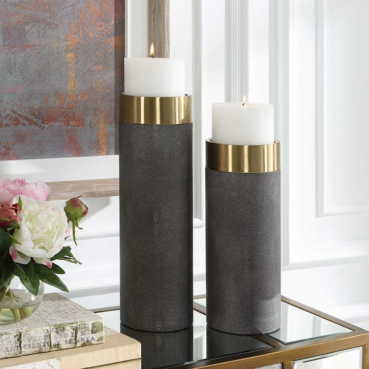 Brassy Shagreen Candleholders, S/2