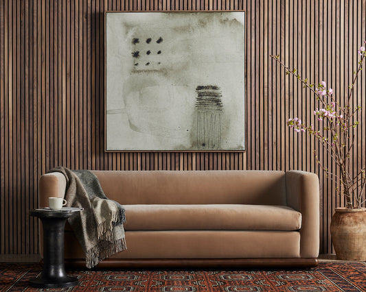 Muted brown canvas with series of 3 rows and 3 columds black painted ddots in right upper quarter. Lower left quarter has horizontal lines intersecting vertical black bruch thin brush strokes.