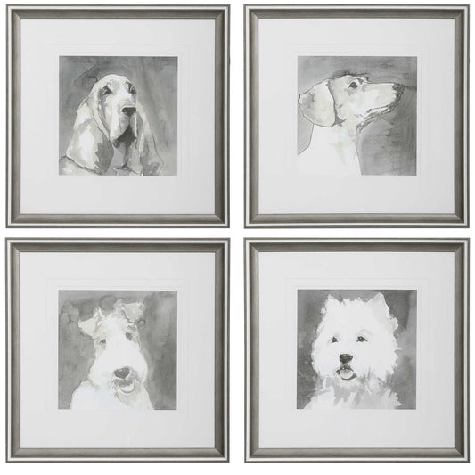 Set of four modern black and white dog prints. 