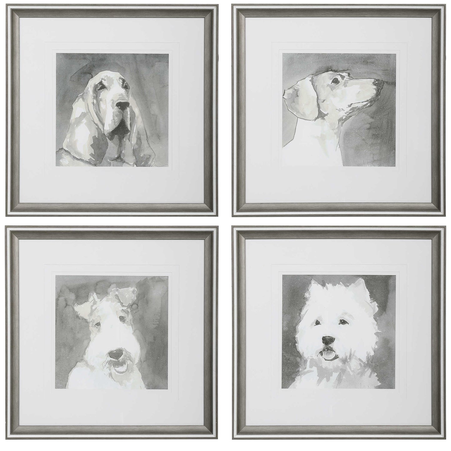 Set of four modern black and white dog prints.