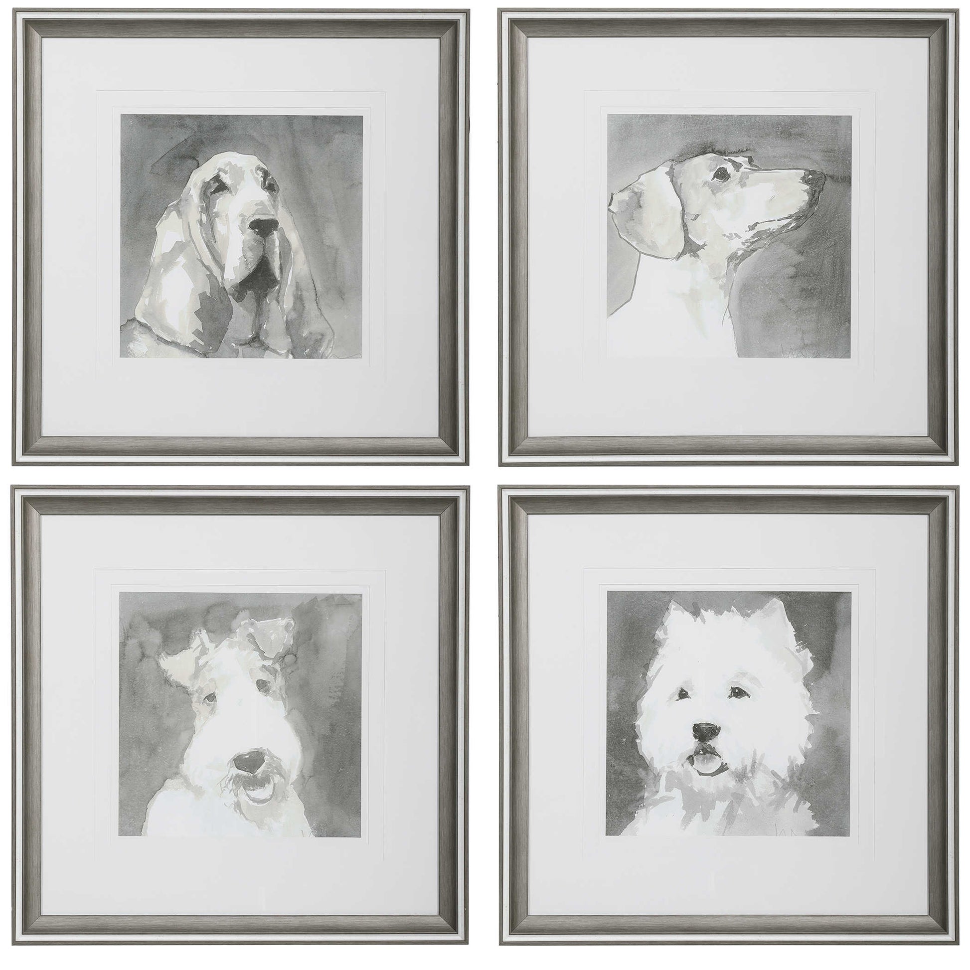 Set of four modern black and white dog prints.