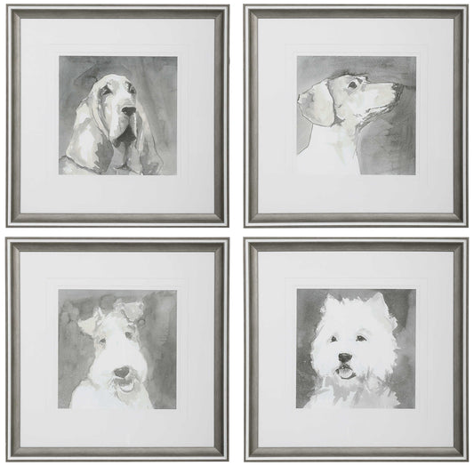 Straight on view of set of 4 dogs on a white wall with an accent table and drink in front.