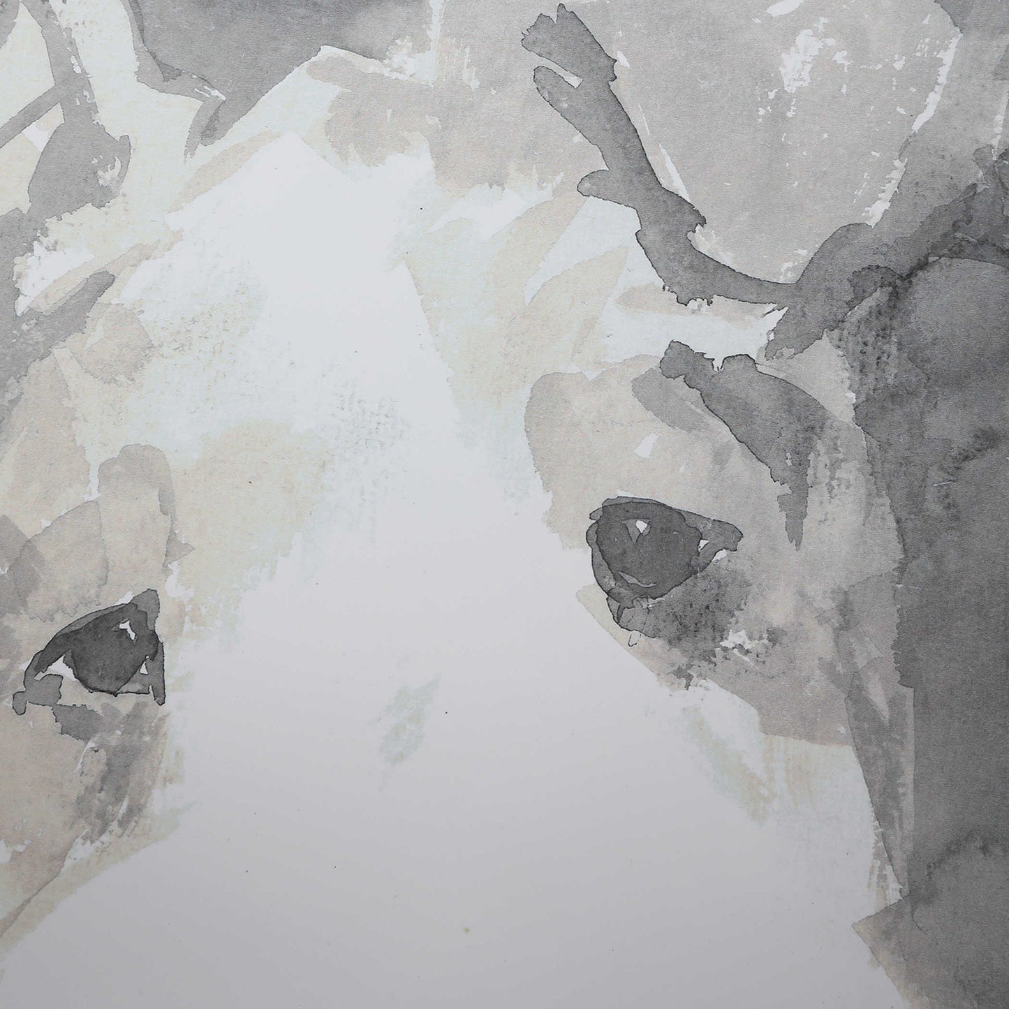 Macro shot of a dogs face so one can see the black and gray paint strokes.