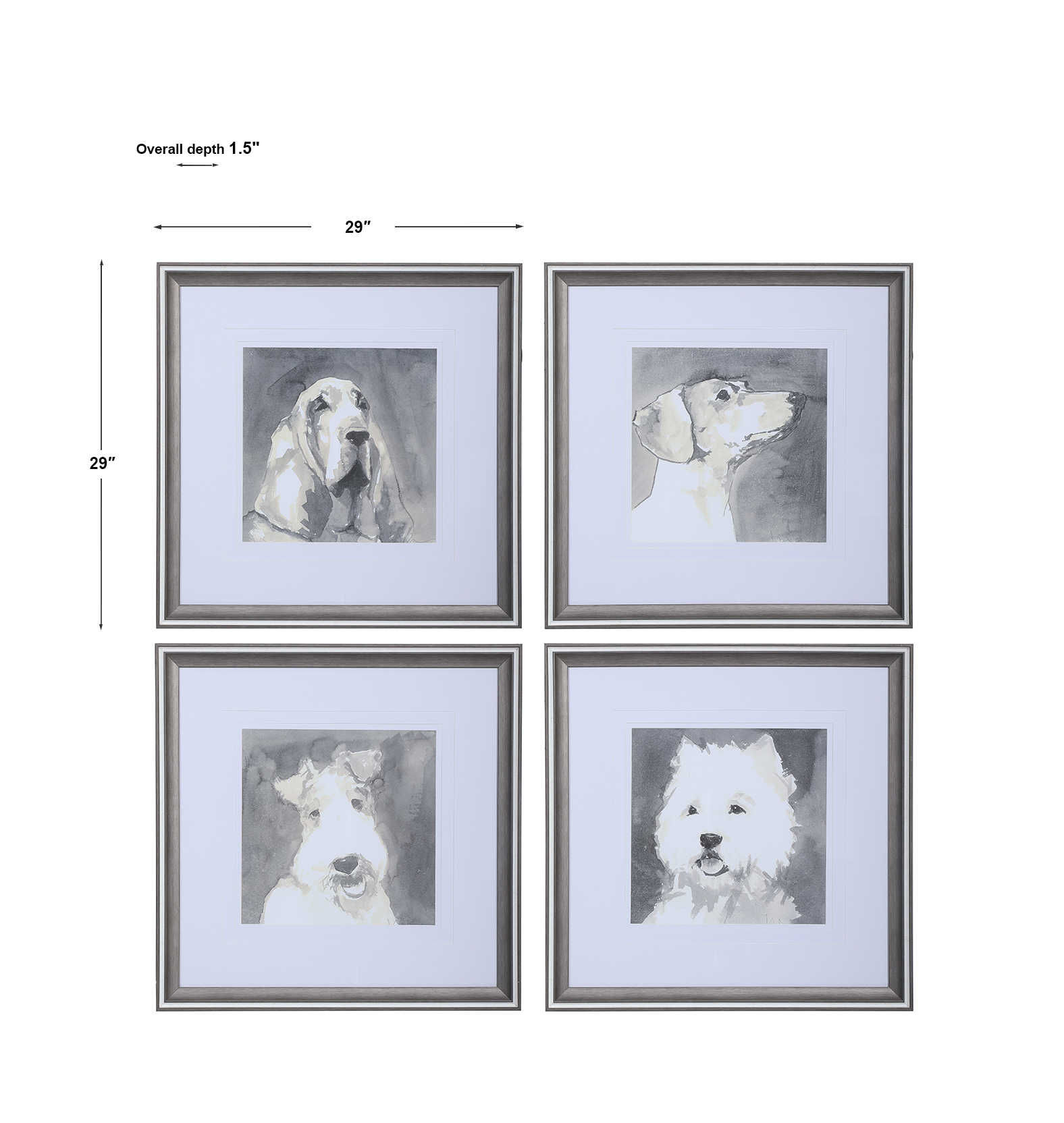 Set of four dog prints on a white background with dimensions.