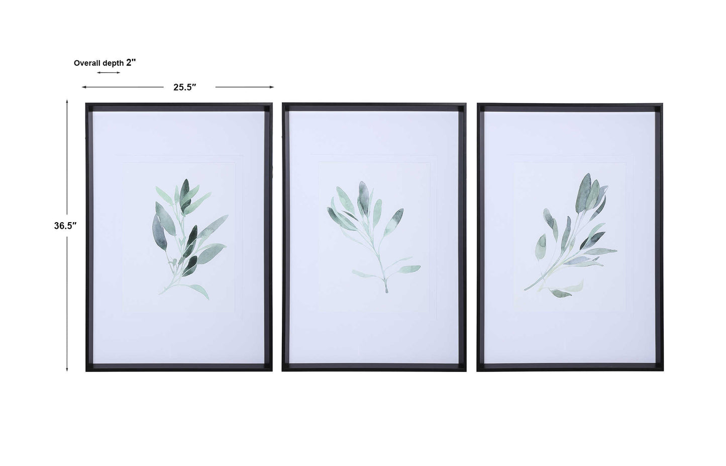 Three pieces of art with dimensions on a white background.