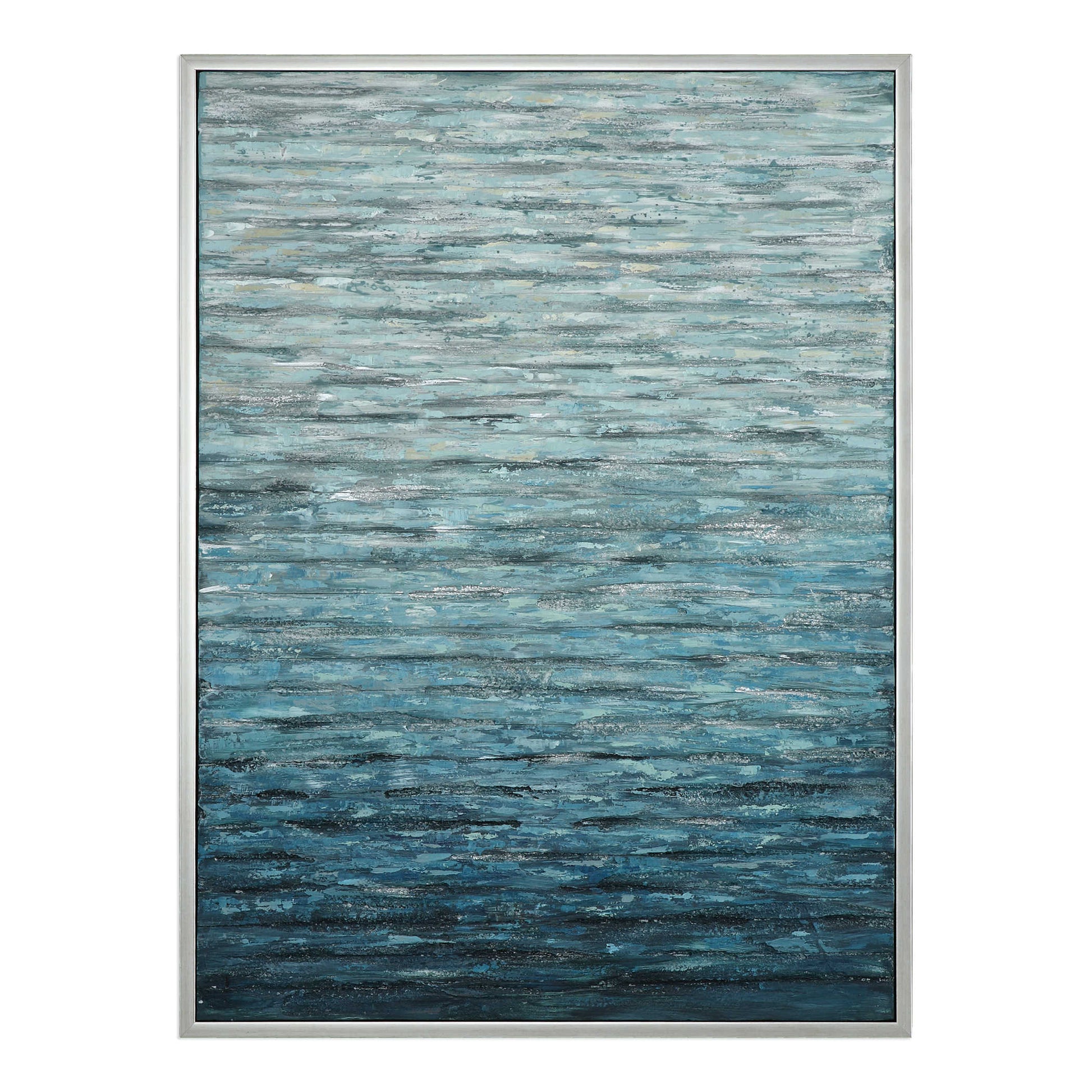 Blue painting of waves on a plain white background.