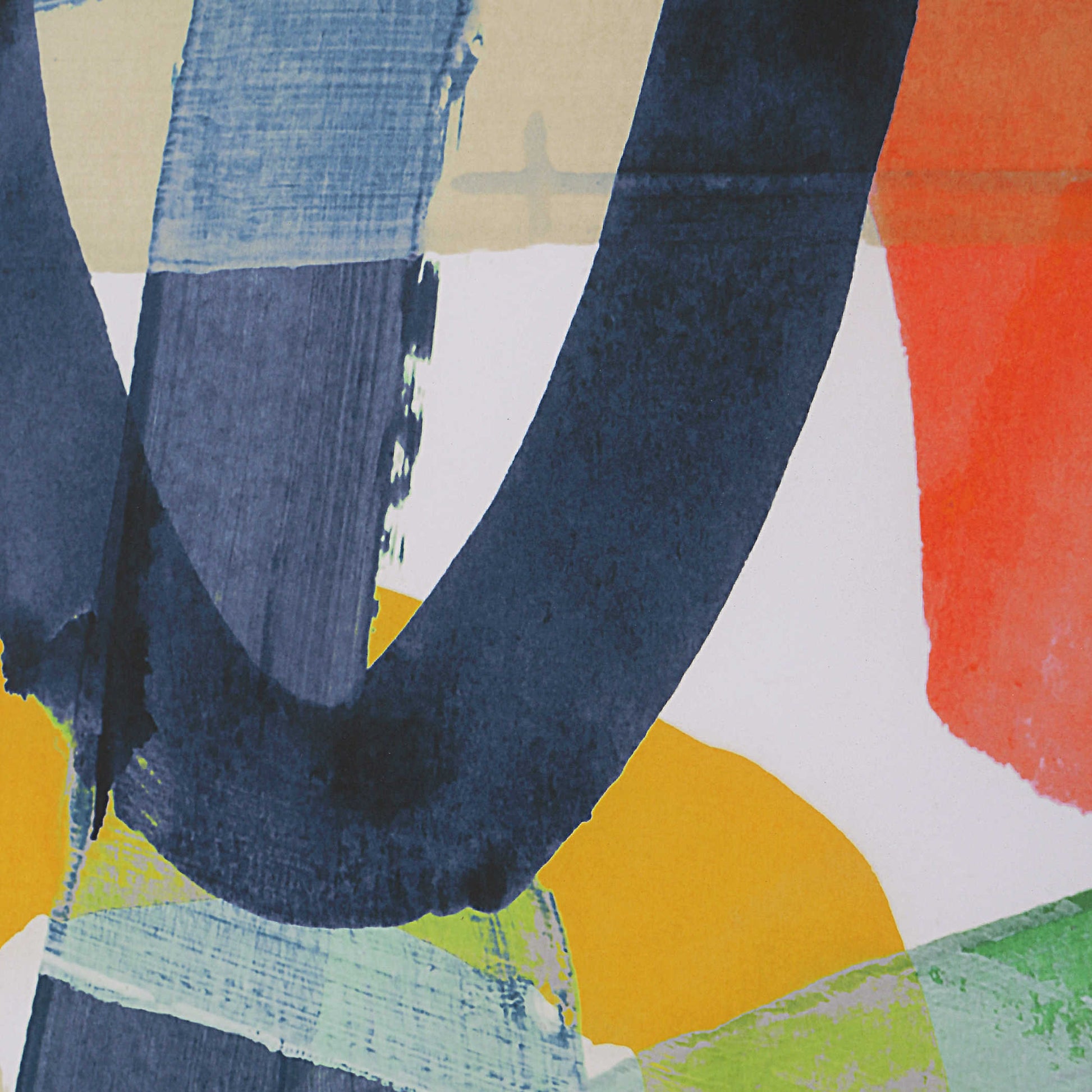 Close up of the actual painting, a sweeping blue stroke with part of a red, yellow, and green one.