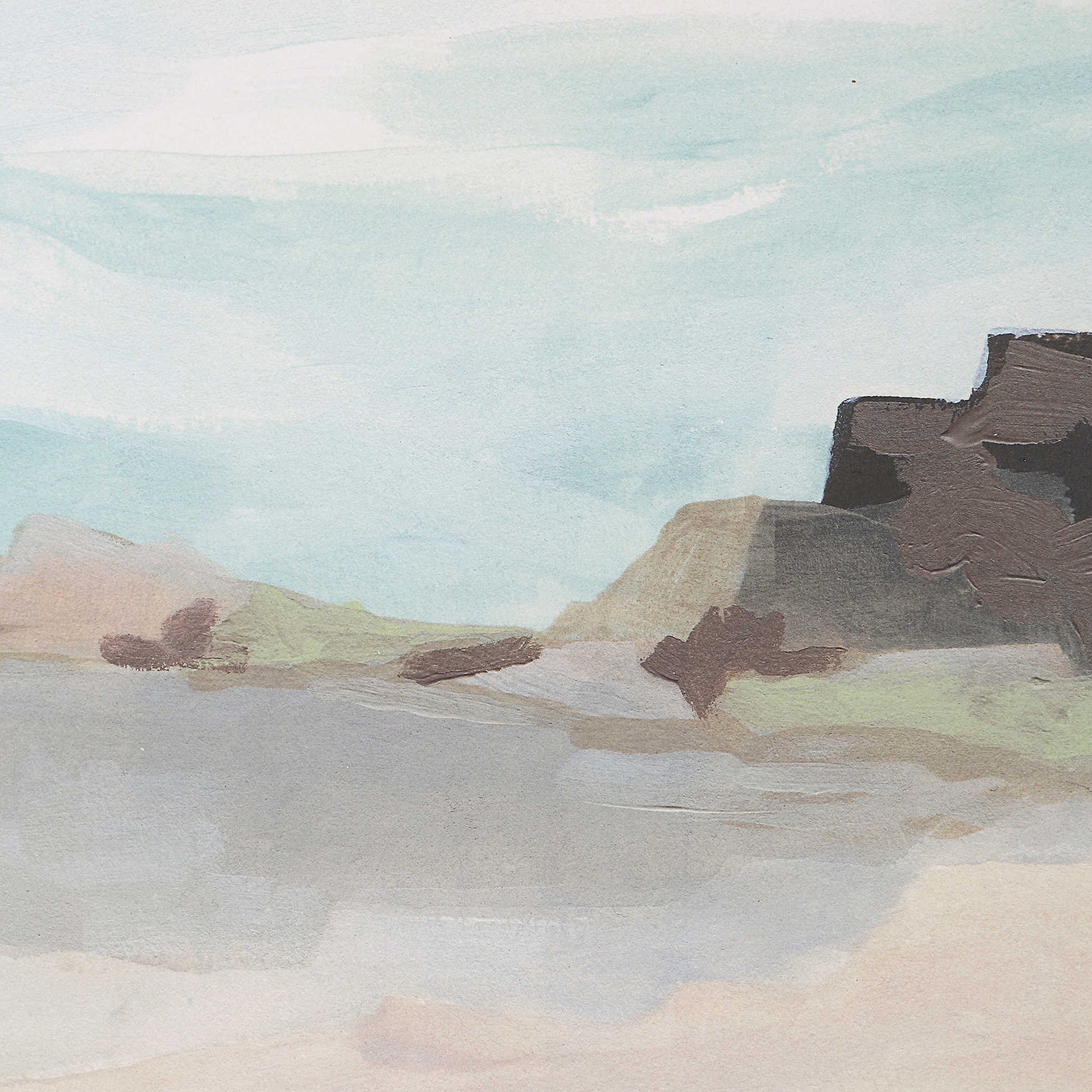 Close up shot of the piece of art. Mountains and sky.