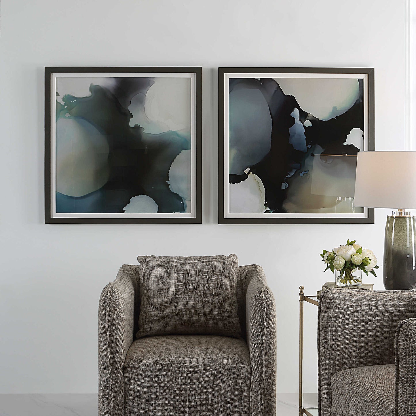Abstract Dark Art - Framed Set of Contemporary Oil Art Decor in Navy