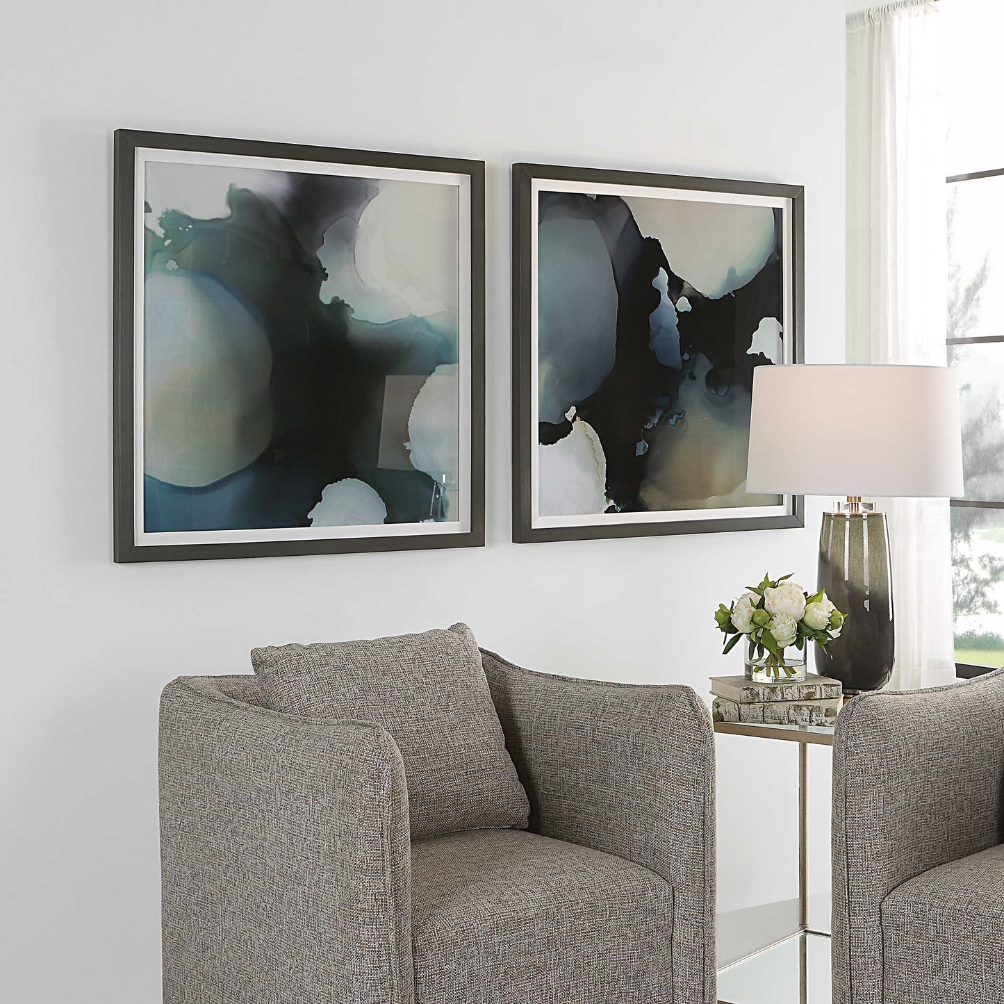 Abstract Dark Art - Framed Set of Contemporary Oil Art Decor in Navy