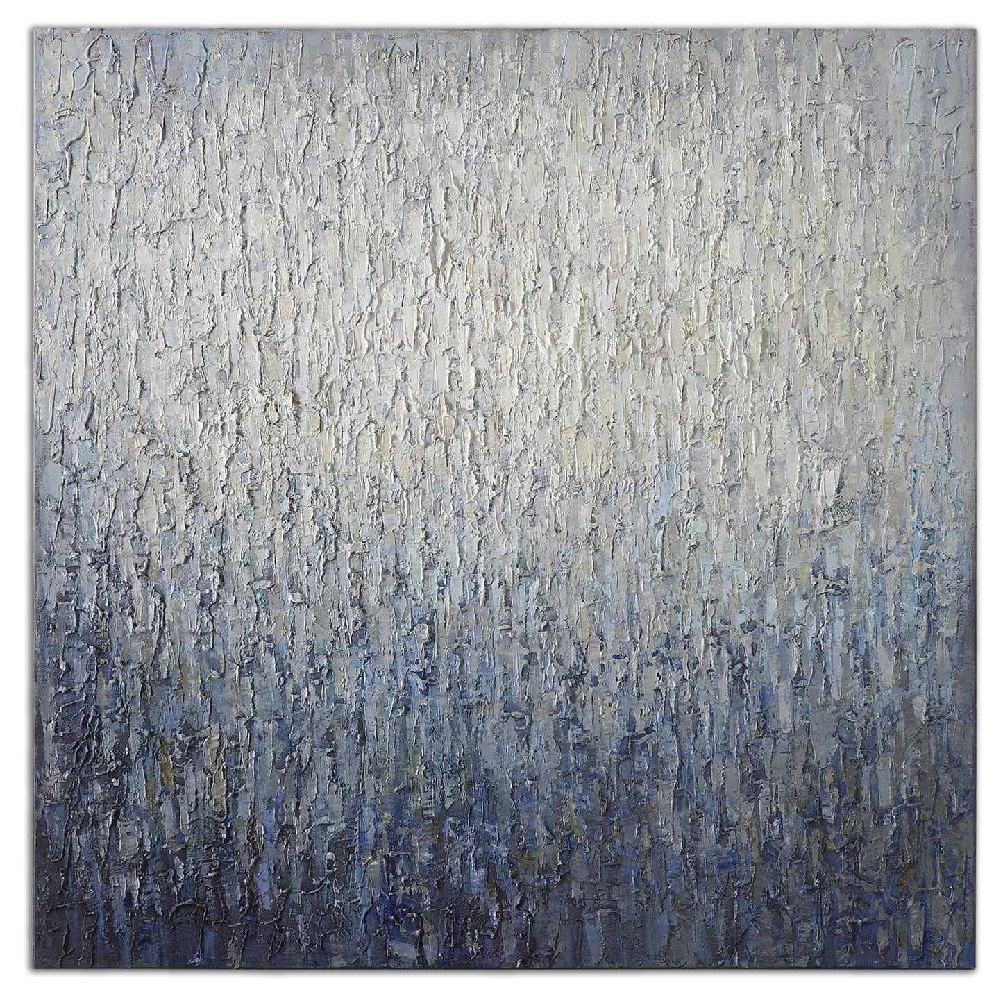Hand painted white and blue piece of art that is abstract on a white background.