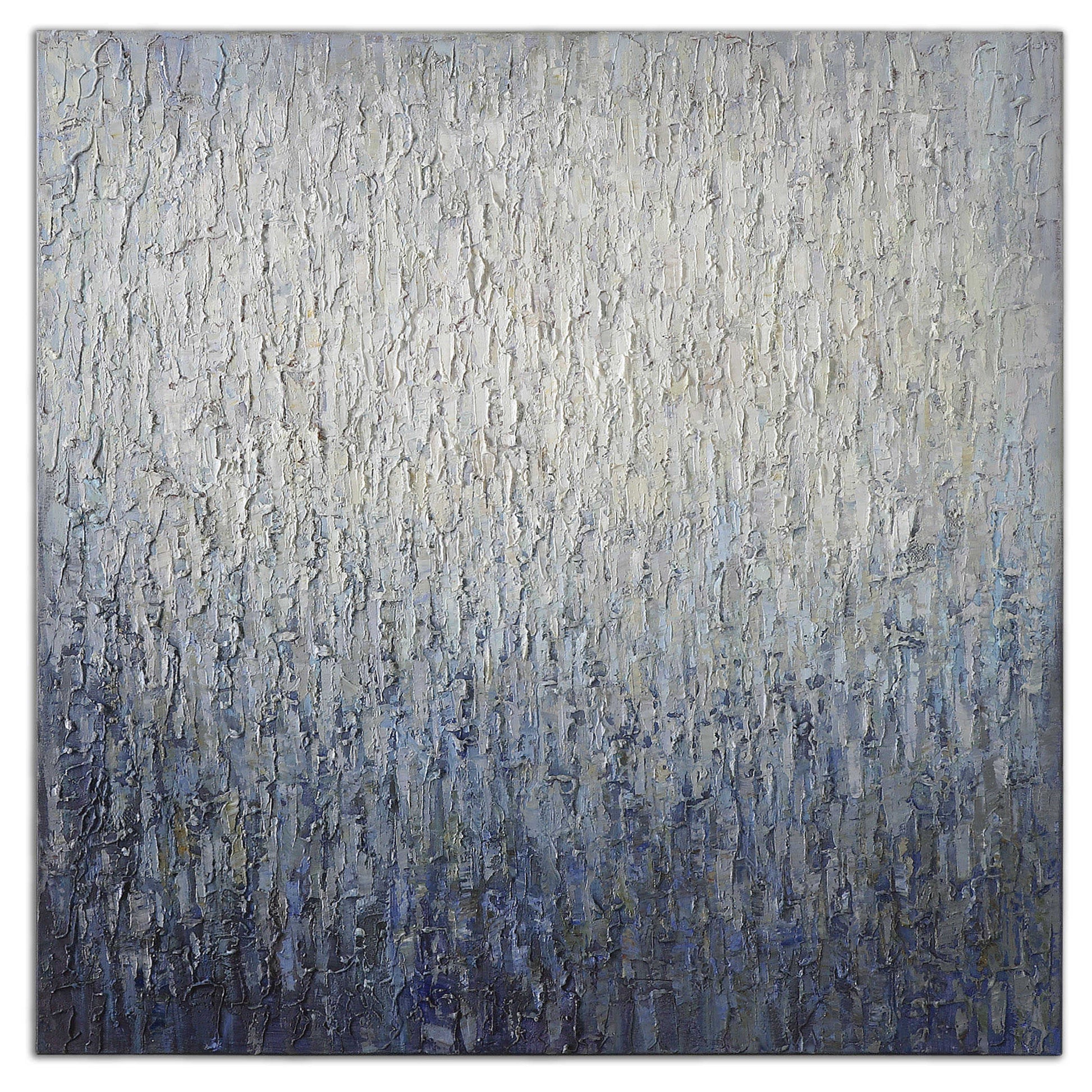 Hand painted white and blue piece of art that is abstract on a white background.