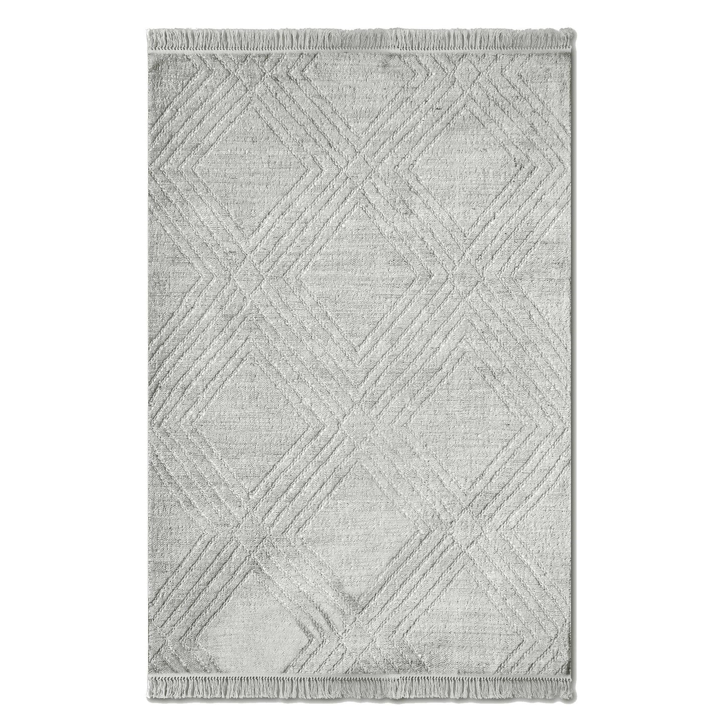 The whole white rug with tassel ends on a white background.