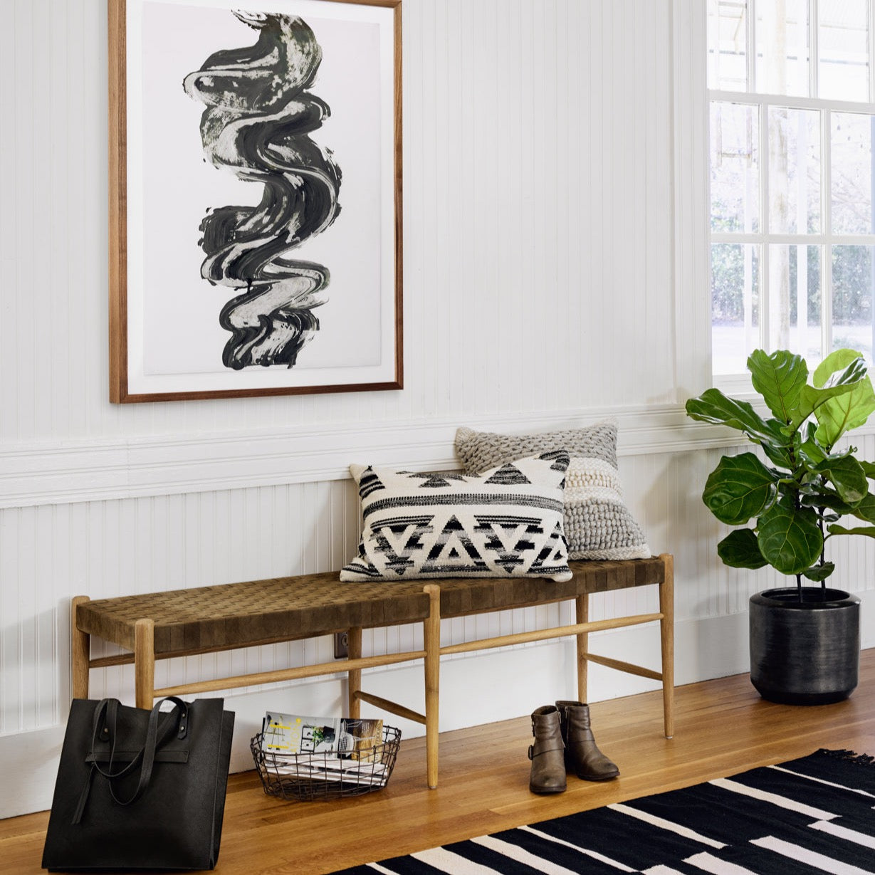 Leather weave bench
