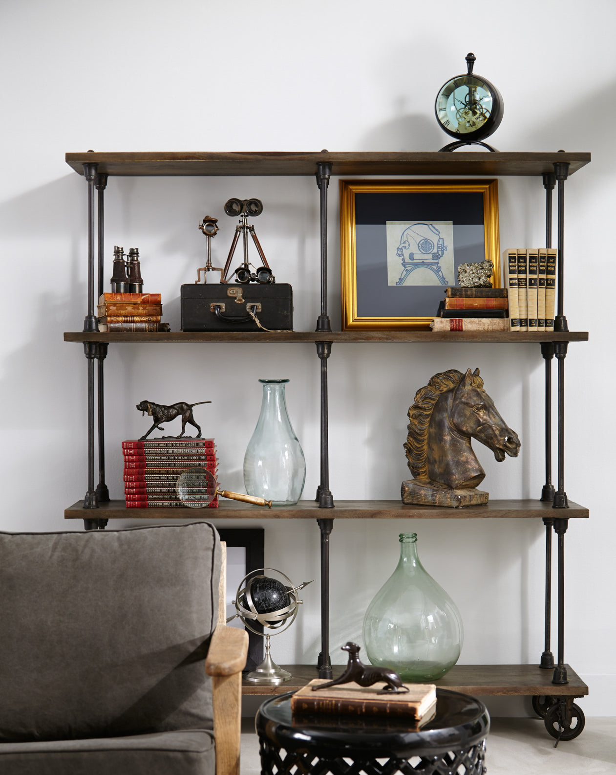 Iron, wheels wood shelves